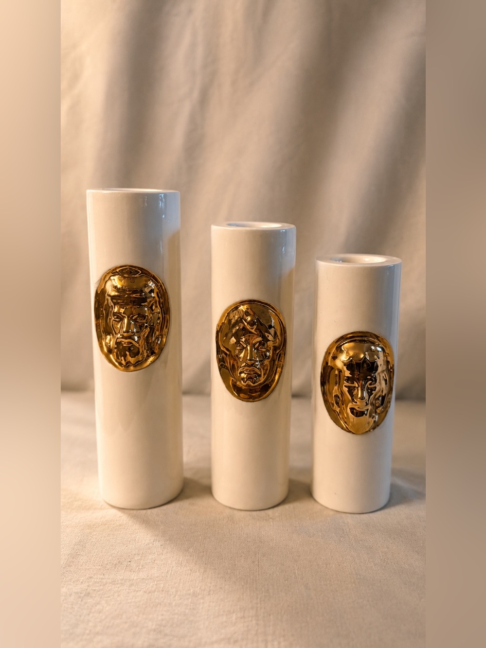 Luxury White & Gold Ceramic Candle Holder Set – Designer Style Decor – Set of 3